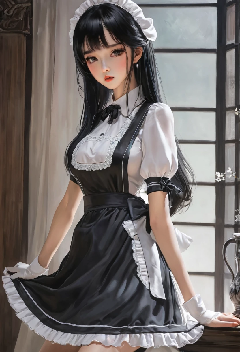 Maybe, one with long hair, the other with short women, (((white sheer blouse, black miniskirt)), underwear bitten, sexy pose, lower body slender, back figure, gaze by the window, buttocks sticking out, on all fours, buttocks facing here, provocative 8:57 masterpiece, top quality, young maid, wearing a maid's uniform