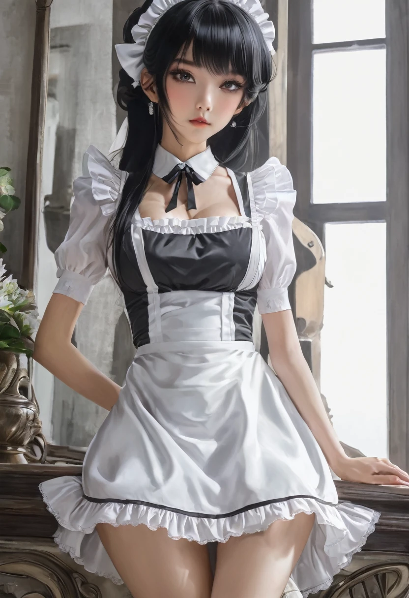 mysterious、Sexy、Big Breasts、Delicate skin、Silver Eyes、Nice body proportions、Beautiful feet、Black hair straight、Maid clothes