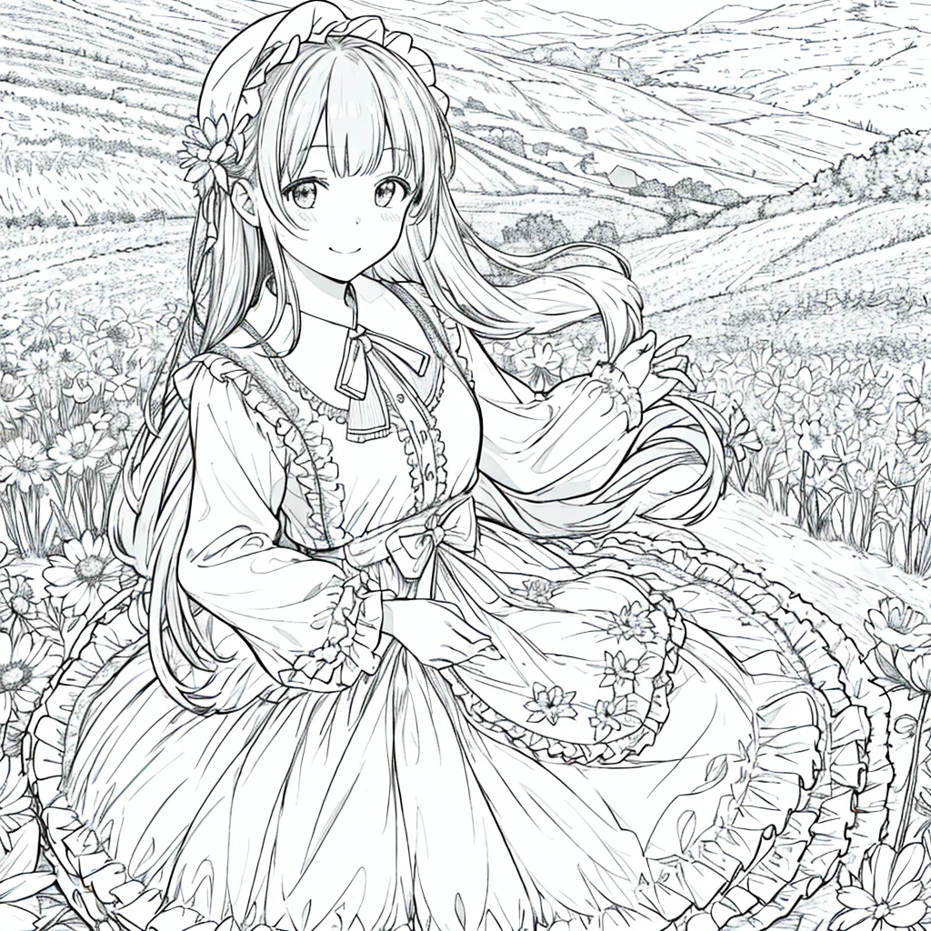 masterpiece, Highest quality, One girl, 一人in, length_hair, Looking_in_Audience, smile, 前hair, skirt, shirt, length_sleeve, hin, dress, bow, Holding, Closed_mouth, flower, Frills, hair_flower, flowerびら, flower束, Holding_flower, center_Frills, bonnet, Holding_flower束, flower field, flower field, Line art, Monochrome,