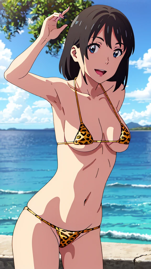 (masterpiece, 4K, Highest quality, anime style: 1.9, Detailed face, Lovely, Ocean,bold, High resolution, anime, Lake 4. alone, Curvaceous, Very slim belly, Cowboy Shot, 1 Girl,,(Leopard print micro bikini),,smile,Please open your mouth wide,View your viewers,Big Breasts,(Sexy pose),Naked in a swimsuit,Mitsuha Miyamizu,Your Name,