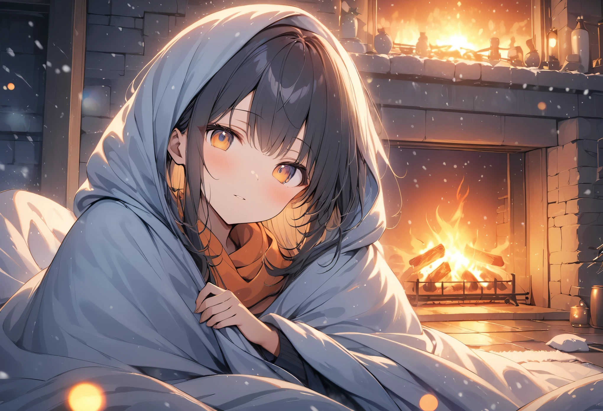 (anime style:1.4),Soft pictorial touches、超High resolution, Attention to detail, high quality, High resolution, 最high quality, 4K, 8K,In front of the fireplace、A girl keeps warm wrapped in a blanket during a snowstorm outside、The surrounding area is lit up in orange by the light of the flames.、Lens flare、This is a masterpiece by a famous artist.。、炎のエフェクト