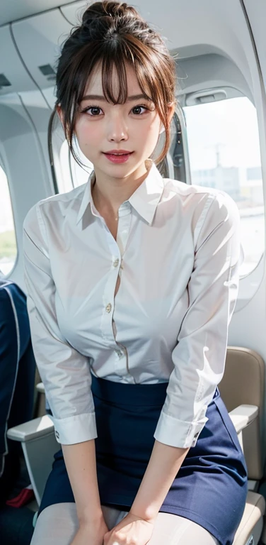 masterpiece, One beautiful girl, Detailed eyes, Swollen eyes, Highest quality, 超High resolution, (reality: 1.4), Original photo, One girl, Cinema Lighting, Japanese, Asian Beauty, Korean, Very very beautiful, Beautiful skins, thin, Front facing body, (超reality的な), (High resolution), (8k yen), (Very detailed), (Best illustrations), (Beautiful and detailed eyes), (Ultra-detailed), Detailed face, Looking at the audience, Look straight ahead, Neat Clothing, No sleeve、Put your hair up、Black-haired、Large Breasts、46 point diagonal bangs、White background、Clean room、(Stewardess uniform、In-flight、pantyhose、Laughter、Large breasts protruding、The blouse is very tight、Her breasts are large and her blouse is tight、The buttons on my blouse are about to fly off、Breast bulge is noticeable