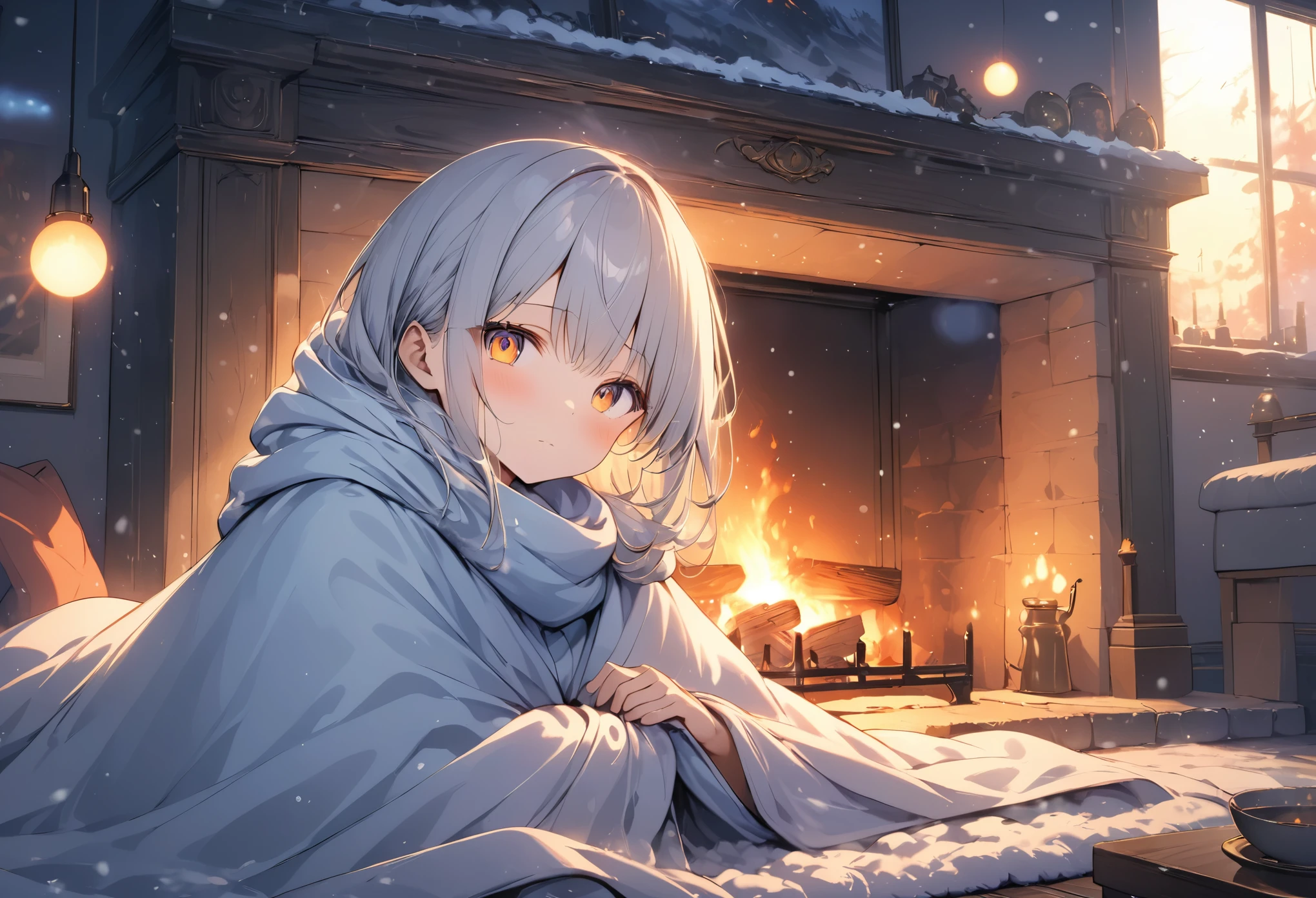 (anime style:1.4),Soft pictorial touches、超High resolution, Attention to detail, high quality, High resolution, 最high quality, 4K, 8K,In front of the fireplace、A girl keeps warm wrapped in a blanket during a snowstorm outside、The surrounding area is lit up in orange by the light of the flames.、Lens flare、This is a masterpiece by a famous artist.。、炎のエフェクト