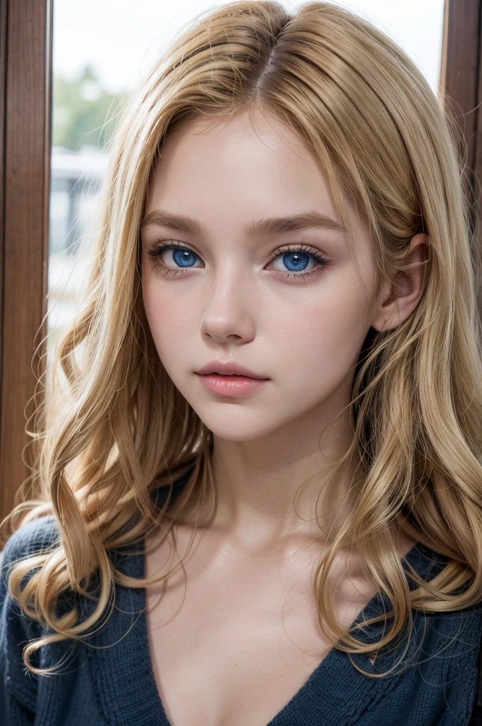 a blonde with curly hair, dark blue eyes
