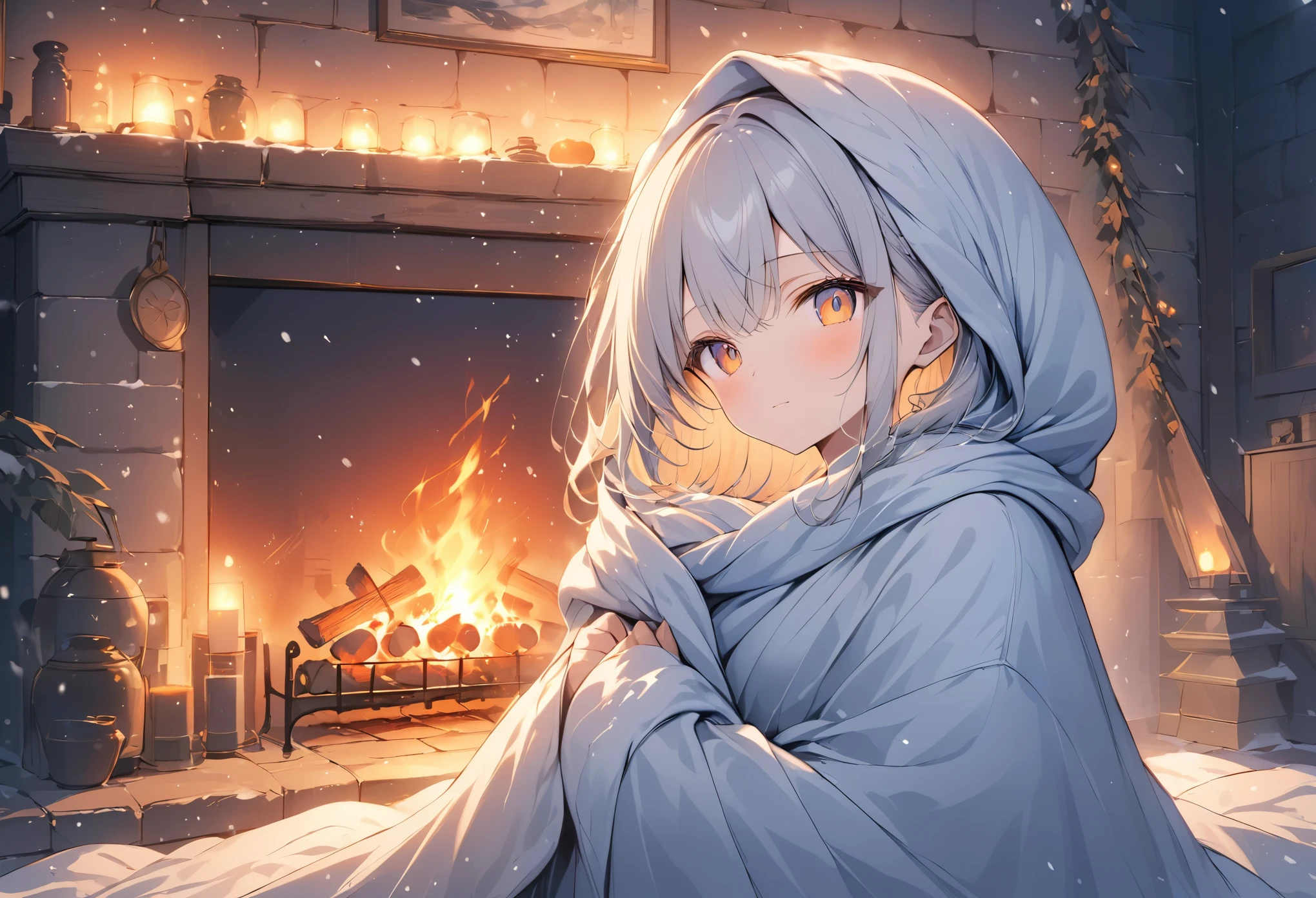 (anime style:1.4),Soft pictorial touches、超High resolution, Attention to detail, high quality, High resolution, 最high quality, 4K, 8K,In front of the fireplace、A girl keeps warm wrapped in a blanket during a snowstorm outside、The surrounding area is lit up in orange by the light of the flames.、Lens flare、This is a masterpiece by a famous artist.。、炎のエフェクト