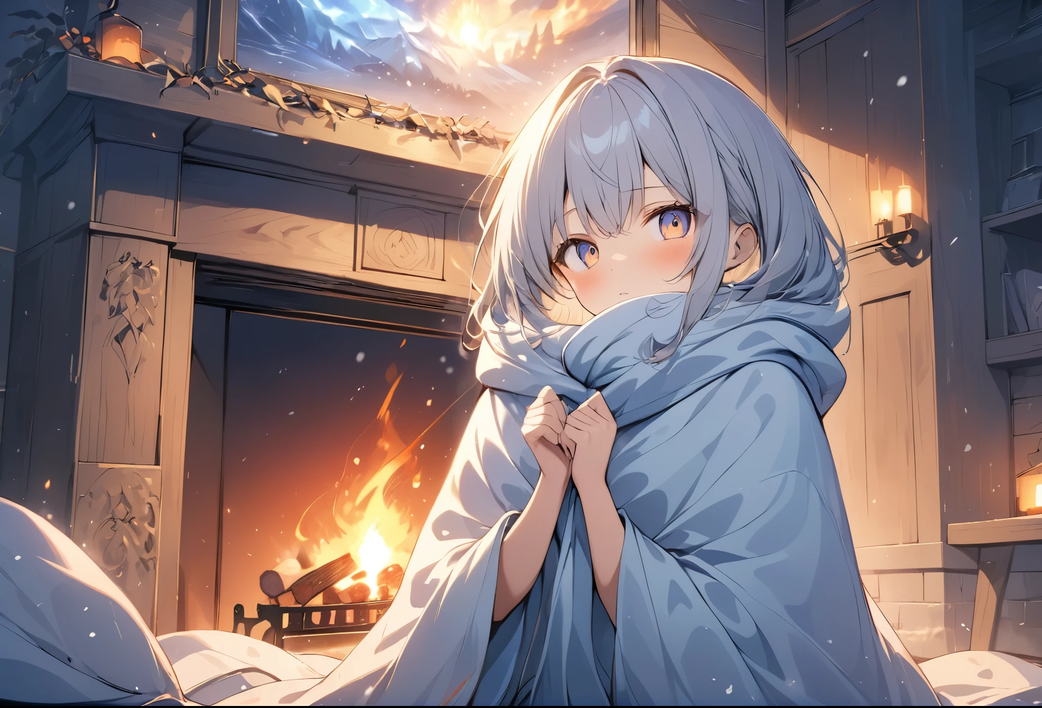 (anime style:1.4),Soft pictorial touches、超High resolution, Attention to detail, high quality, High resolution, 最high quality, 4K, 8K,炎のエフェクト、玉ボケ、In front of the fireplace、A girl keeps warm wrapped in a blanket during a snowstorm outside、The surrounding area is lit up in orange by the light of the flames.、Lens flare、This is a masterpiece by a famous artist.