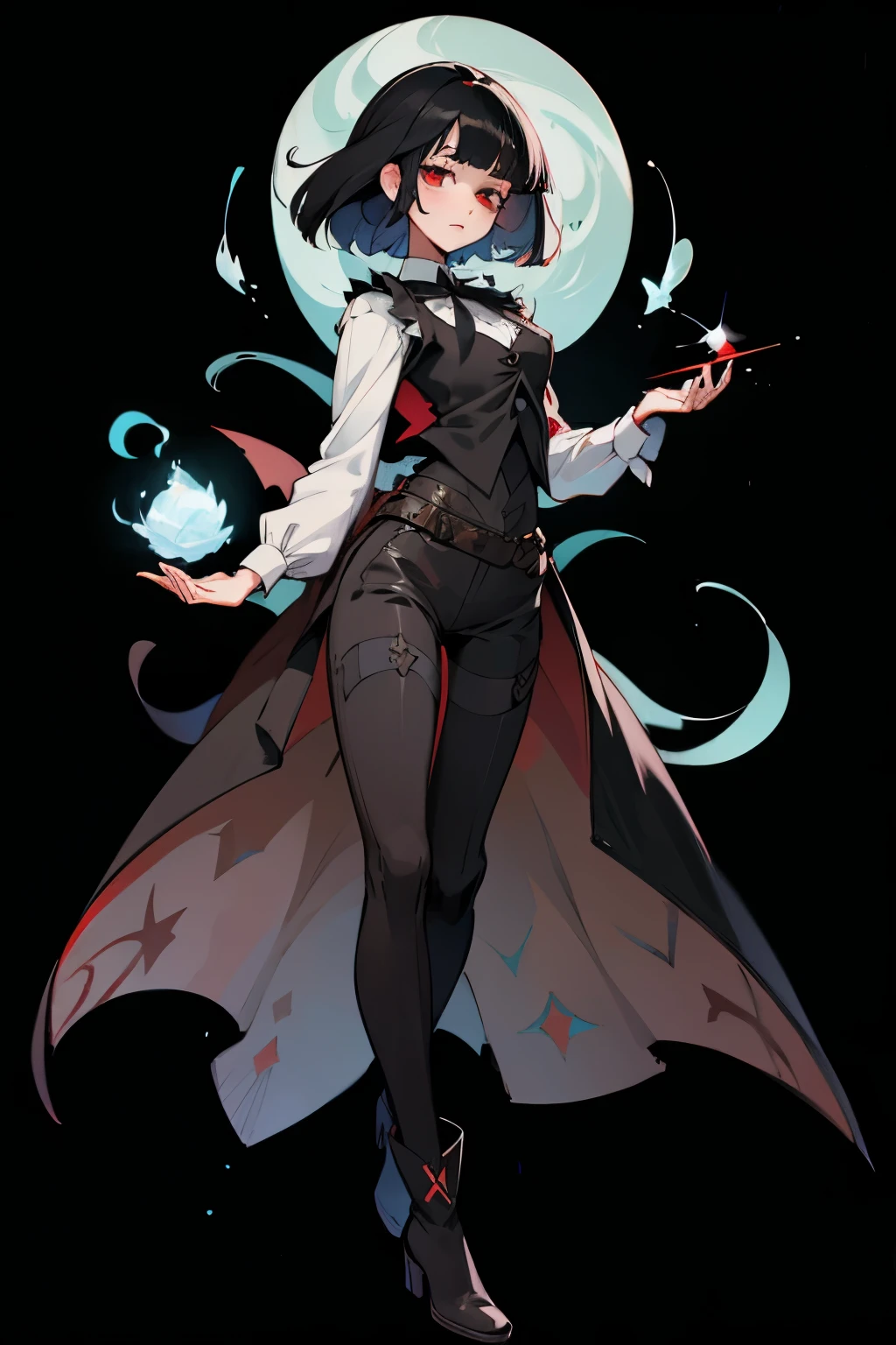 anime female character, short black hair, bangs, red eyes, vest, boots, full body shot, pose, elegant, bangs, ouji fashion, "Black Butler" inspired outfit., anime, Gothic art, anime, Gothic art, masterpiece, anatomically correct, accurate, high details, highres, 4K, 8K, highres, 1080P, super detail, masterpiece, anatomically correct