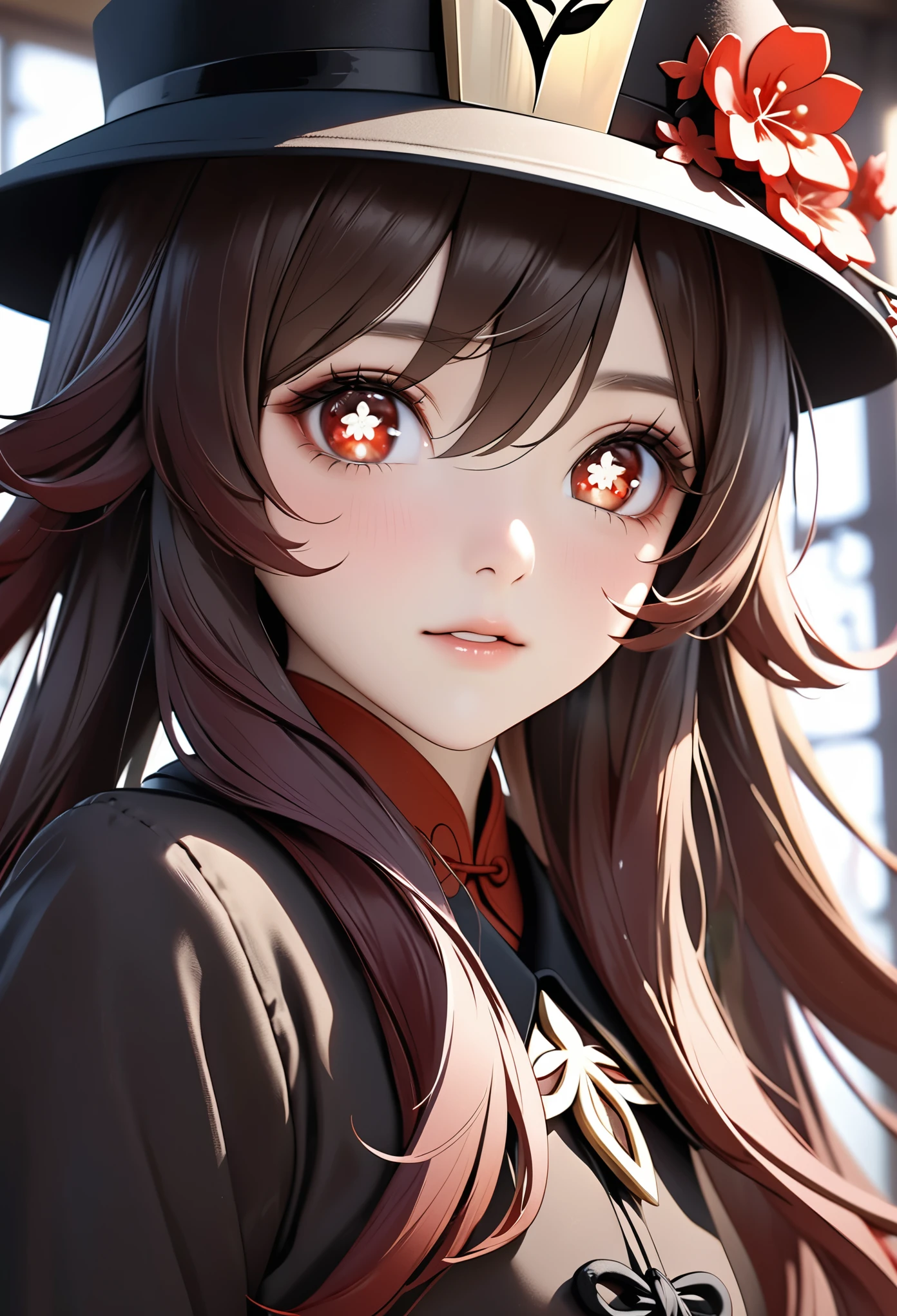 face, closeup, closeup shot, shiny hair, shiny clothes, shiny, extremely detailed eyes, extreme details, realistic, cinematic, detailed, masterpiece, 4k, 8k, , PunkAI,, FantasyAI_Burple,, indoors, hu tao (genshin impact), genshin impact, hat, symbol-shaped pupils, red eyes, brown hair, star-shaped pupils, flower-shaped pupils, bangs, black nails, black headwear