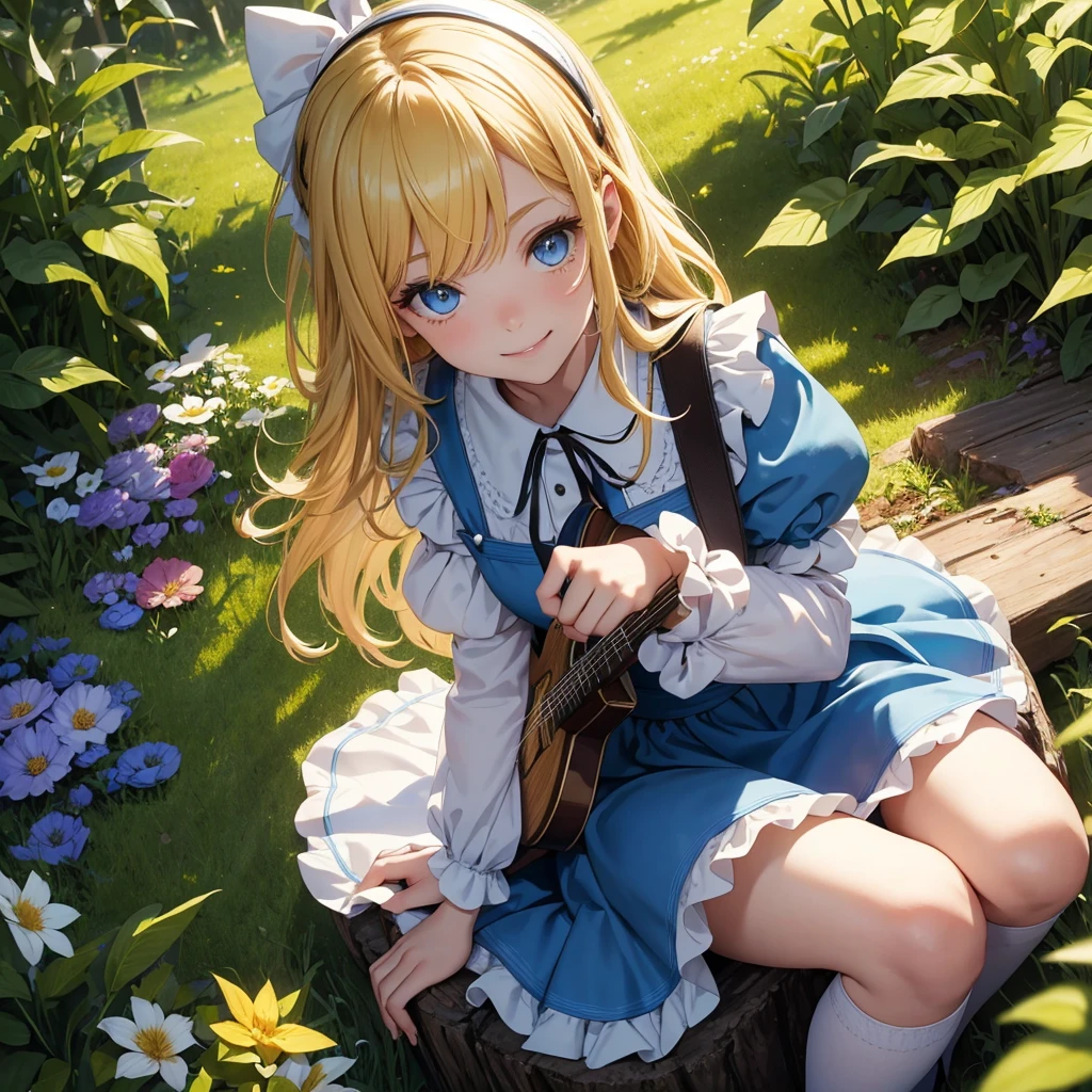 master piece, ultra detailed, hyper realistic, lifelike photograph, yellow hair, silky hair, wavy hair, blue eyes, double eyelids, long eyelashes, pale skin, Girl sitting on a stump playing guitar, Alice in wonderland dress, blue dress with white apron, peter pan collar, puff sleeves, knee-length skirt, white stockings, black Mary jane shoes, big smile, flower field, a forest with sunlight filtering through the trees, creating a spotlight like effect of dappled light, detailed lighting, intricate shadows, warm tones, looking away from the camera, from above, medium shot, looking up,