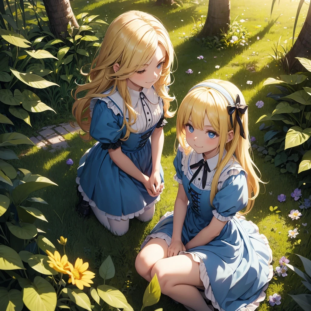 master piece, ultra detailed, hyper realistic, lifelike photograph, yellow hair, silky hair, wavy hair, blue eyes, double eyelids, long eyelashes, pale skin, Girl sitting on a stump playing guitar, Alice in wonderland dress, blue dress with white apron, peter pan collar, puff sleeves, knee-length skirt, white stockings, black Mary jane shoes, big smile, flower field, a forest with sunlight filtering through the trees, creating a spotlight like effect of dappled light, detailed lighting, intricate shadows, warm tones, looking away from the camera, from above, medium shot, looking up,