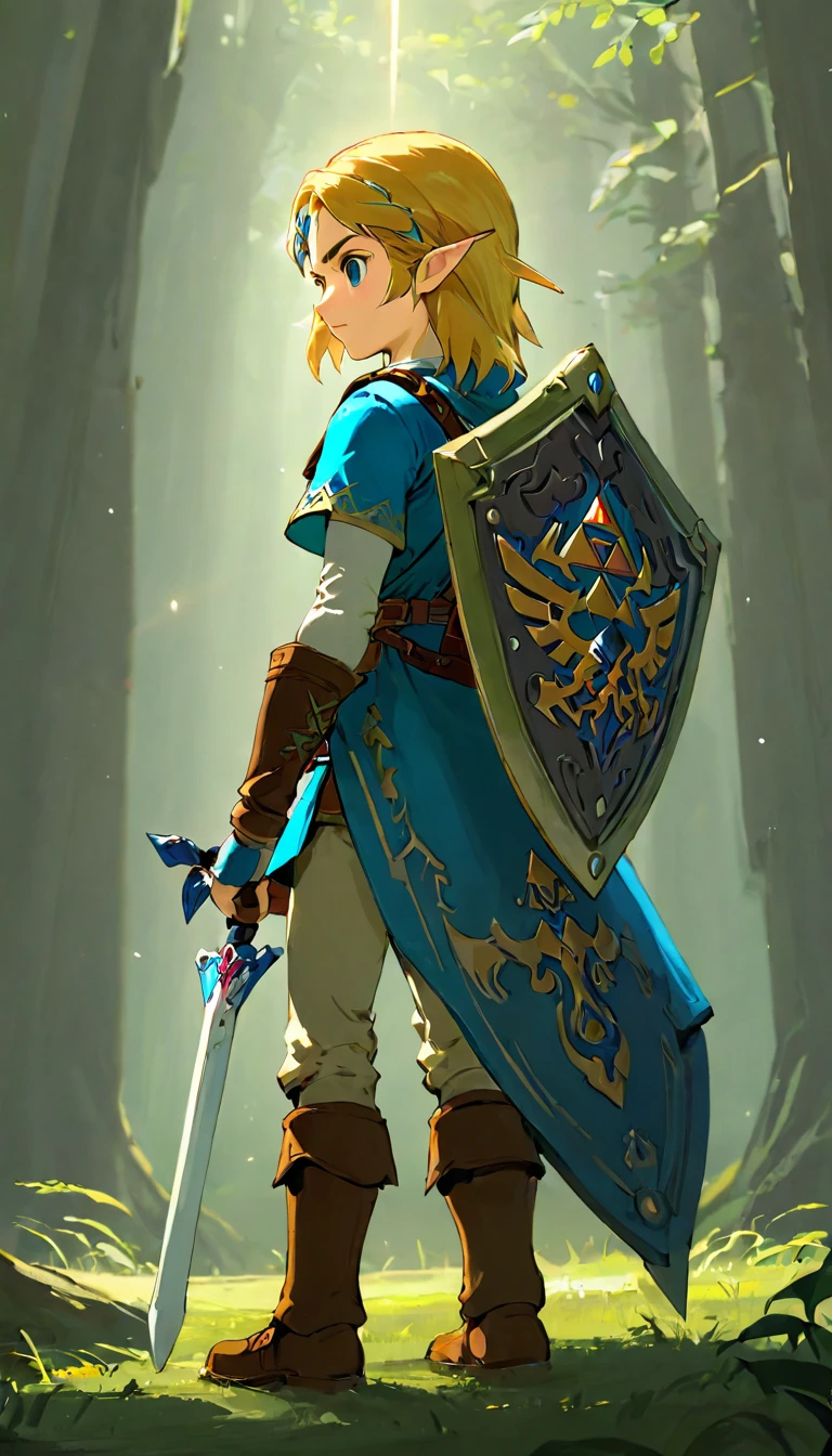 Highest quality、masterpiece、The Legend of Zelda、Link、Young male adventurer, whole body, Game Art Style, (masterpiece), Highest quality, High resolution, 4K, 8K, Detail View, Intricate details, Cinema Lighting, Great quality, Shield and bow on back:1.2, Master Sword, Ash Blonde Hair, Great shade, Soft lighting, Facing camera, Perfect Eye