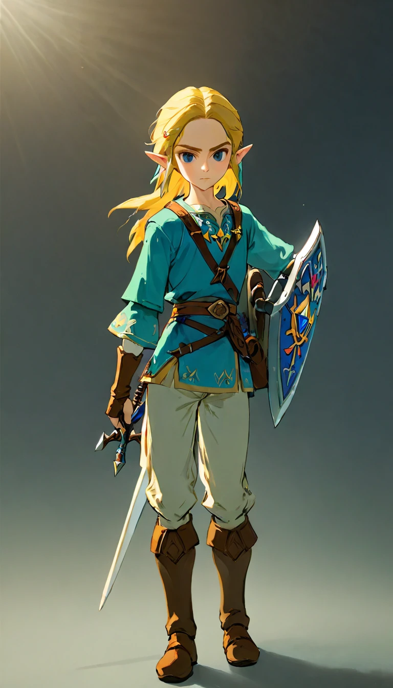 Highest quality、masterpiece、The Legend of Zelda、Link、Young male adventurer, whole body, Game Art Style, (masterpiece), Highest quality, High resolution, 4K, 8K, Detail View, Intricate details, Cinema Lighting, Great quality, Shield and bow on back:1.2, Master Sword, Ash Blonde Hair, Great shade, Soft lighting, Facing camera, Perfect Eye