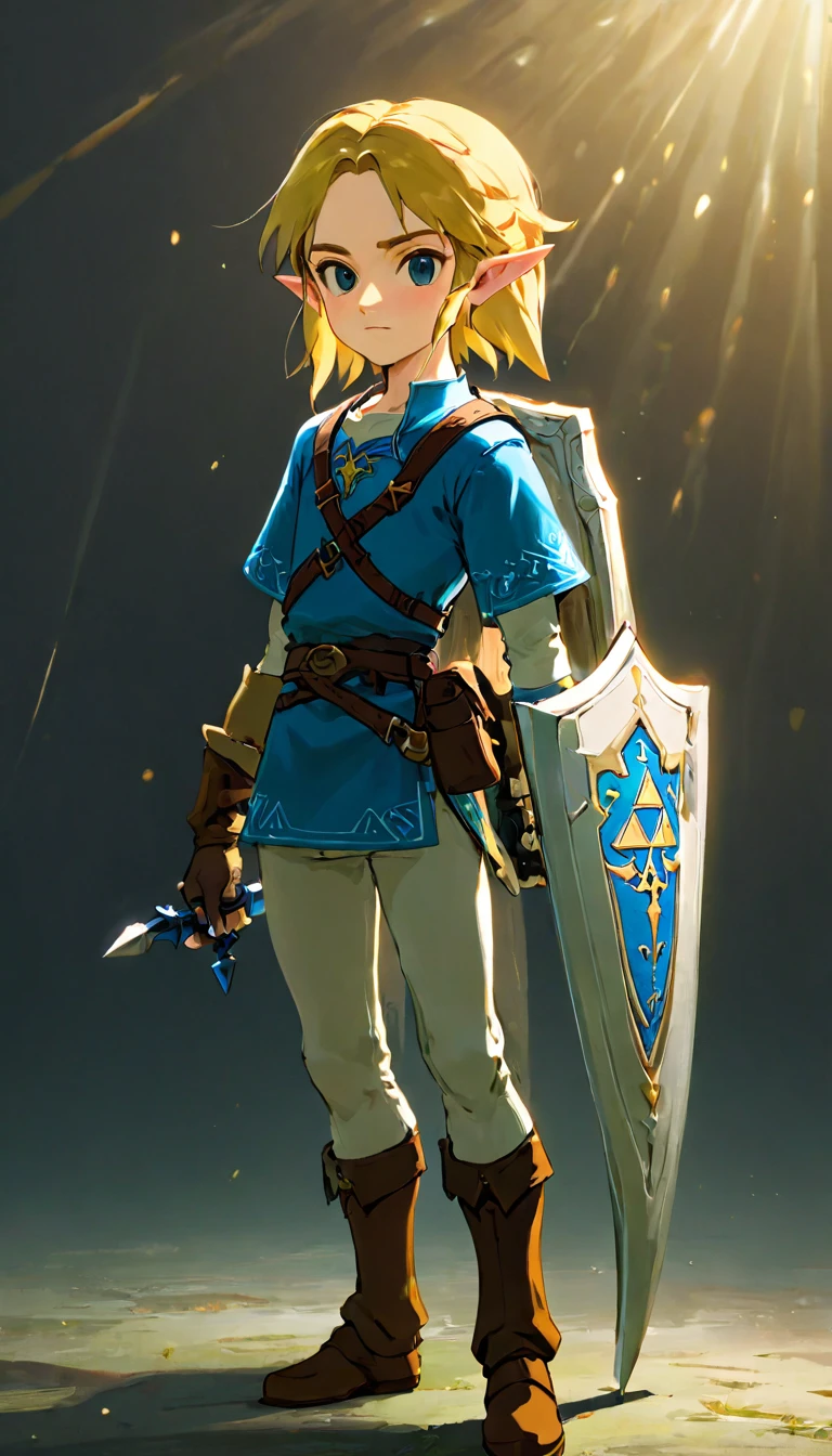 Highest quality、masterpiece、The Legend of Zelda、Link、Young male adventurer, whole body, Game Art Style, (masterpiece), Highest quality, High resolution, 4K, 8K, Detail View, Intricate details, Cinema Lighting, Great quality, Shield and bow on back:1.2, Master Sword, Ash Blonde Hair, Great shade, Soft lighting, Facing camera, Perfect Eye