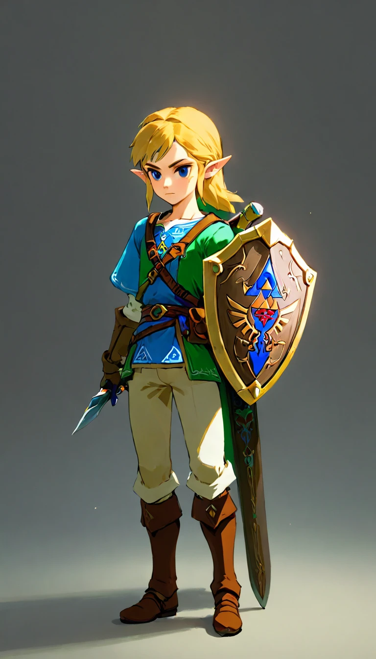 Highest quality、masterpiece、The Legend of Zelda、Link、Young male adventurer, whole body, Game Art Style, (masterpiece), Highest quality, High resolution, 4K, 8K, Detail View, Intricate details, Cinema Lighting, Great quality, Shield and bow on back:1.2, Master Sword, Ash Blonde Hair, Great shade, Soft lighting, Facing camera, Perfect Eye