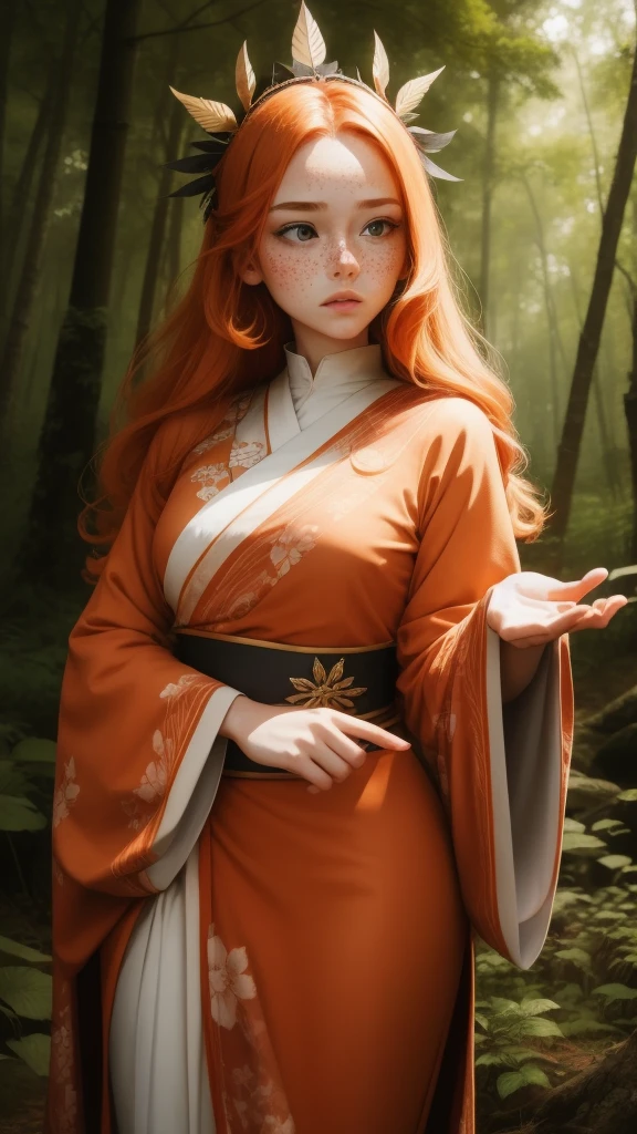 18 years old princess, striking figure, long ginger hair, wavy hairs, fair skin, (freckles), (kolito), innocent and regal appearance, expressive eyes are filled with a mix of curiosity and determination, her slender frame, elegant grace, vibrant orange kimono with white and black decorations, very long ((sleeves past fingers)), sleeves past wrists, feather headdress, in a forest
