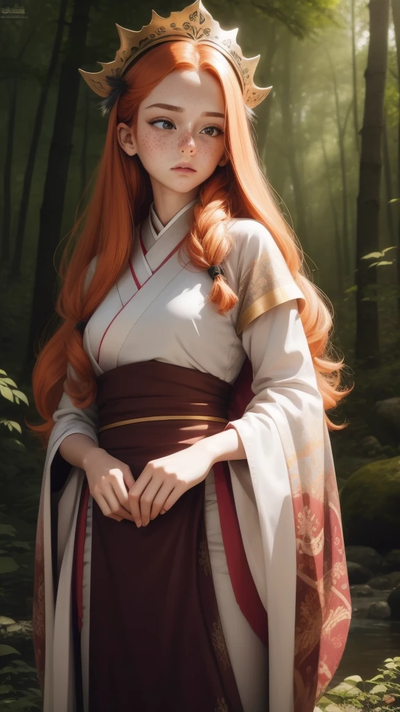 18 years old princess, striking figure, long ginger hair, wavy hairs, fair skin, (freckles), (kolito), innocent and regal appearance, expressive eyes are filled with a mix of curiosity and determination, her slender frame, elegant grace, vibrant orange kimono with white and black decorations, very long ((sleeves past fingers)), sleeves past wrists, feather headdress, in a forest