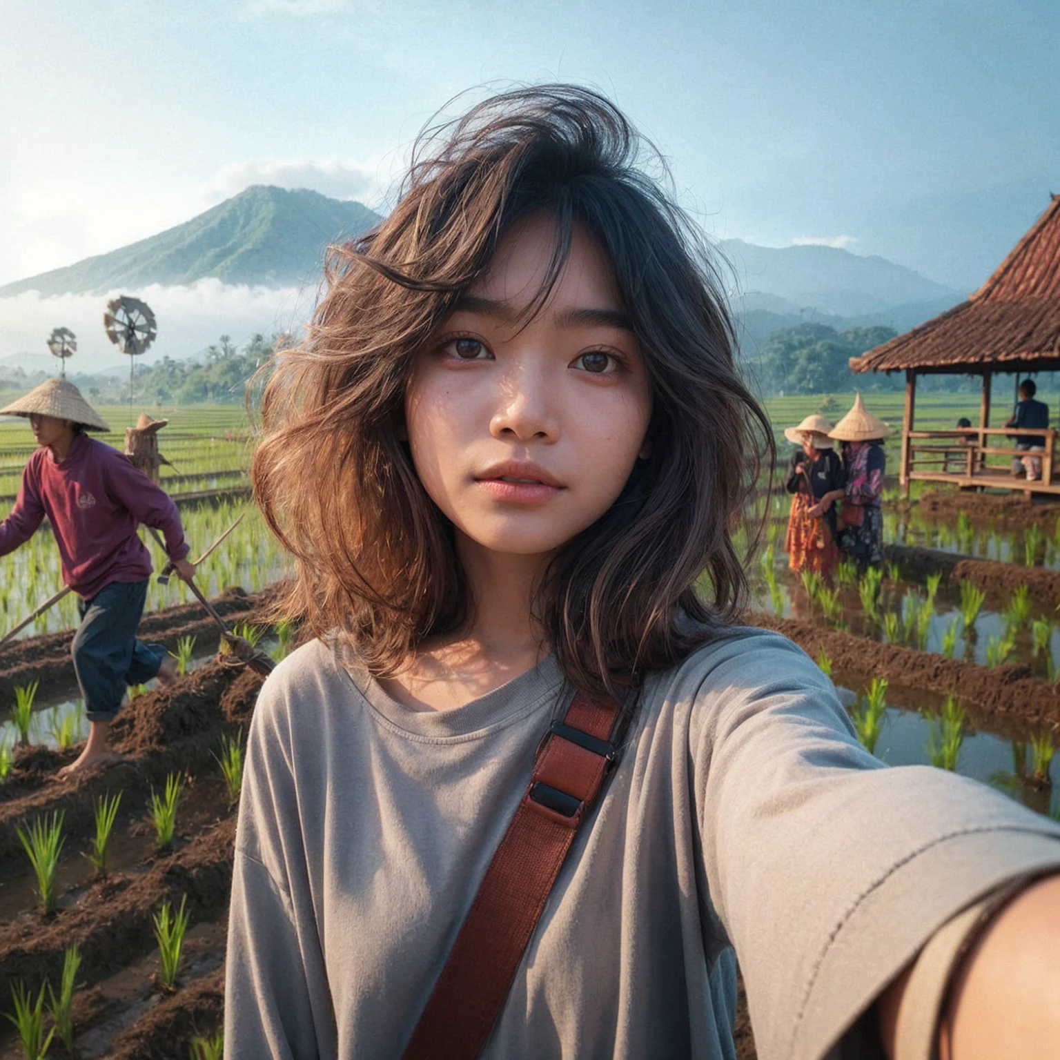 realistic selfie photo. a young Indonesian girl aged 16 years, medium messy hair style, wear a long-sleeved t-shirt, carry a shoulder bag. In the background of rural rice fields, people can be seen plowing the fields, there is a gazebo where you can rest, scarecrows and one beautiful mountain, bright sky, Indonesian morning atmosphere. UHD. masterpiece