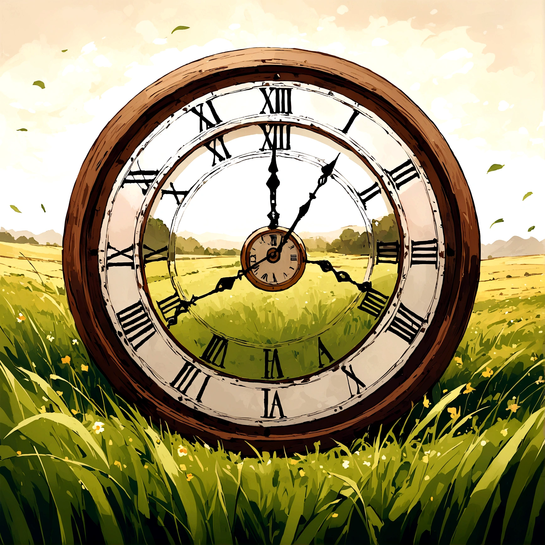 there is a picture with a clock in the middle of a field