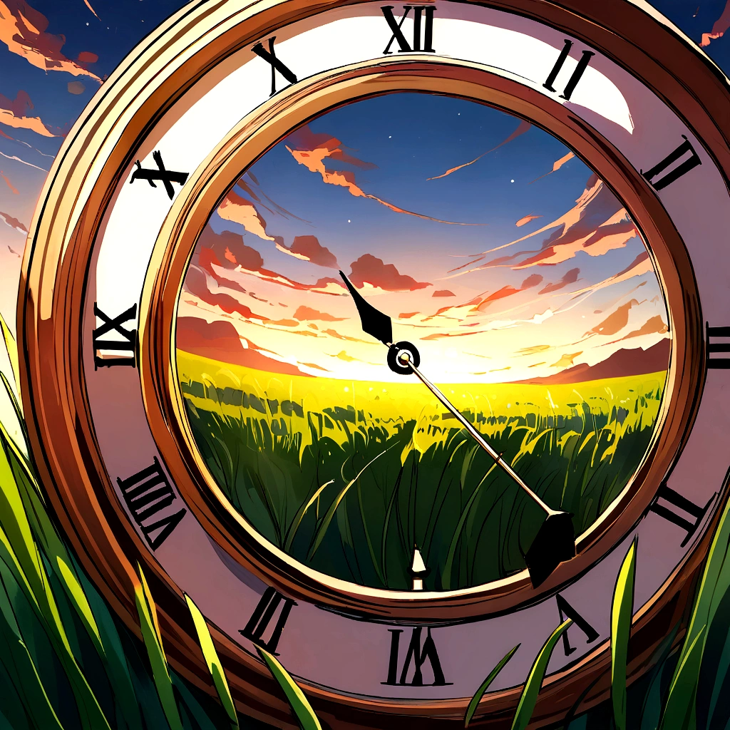 there is a picture with a clock in the middle of a field