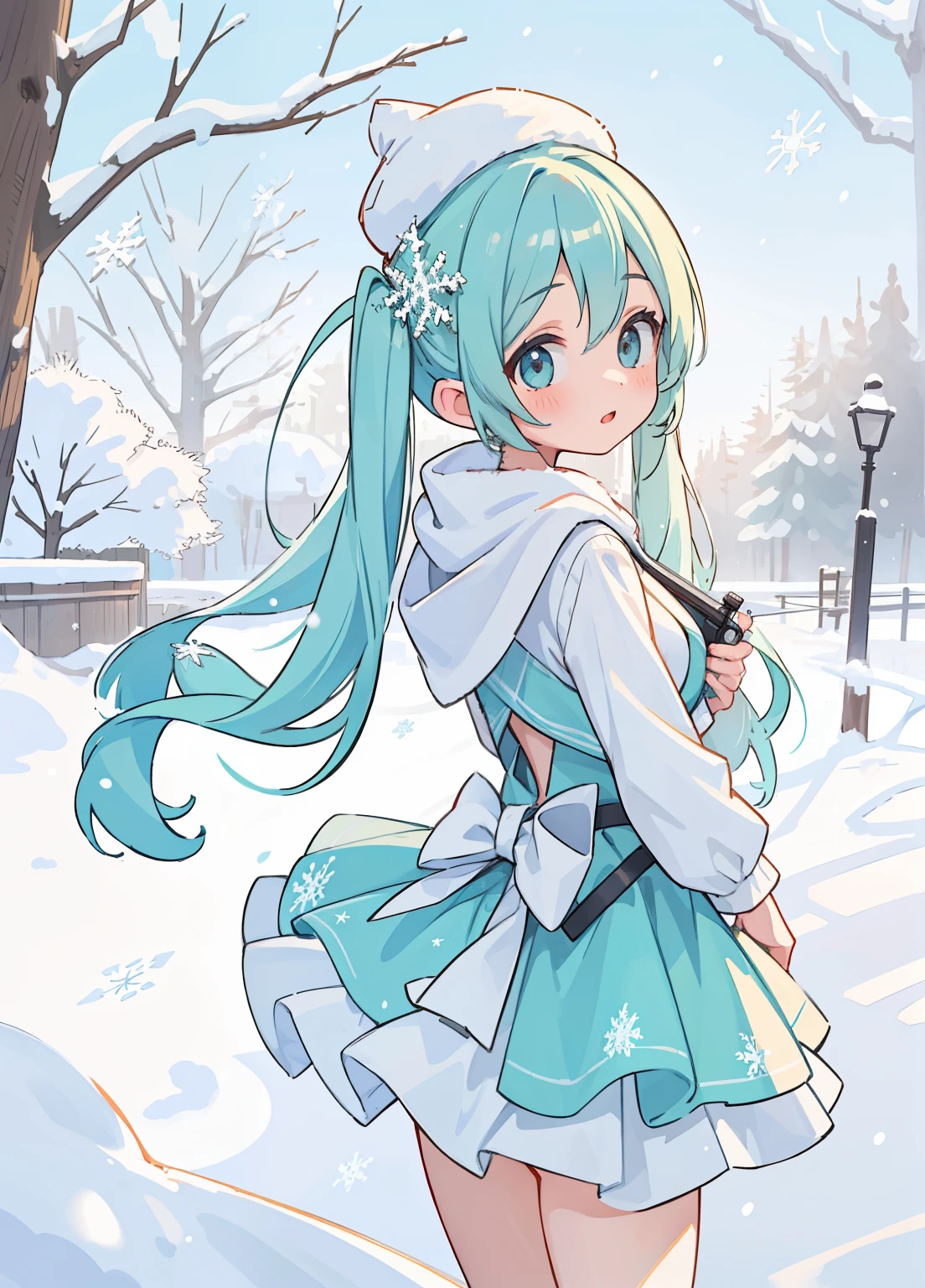 (masterpiece、Highest quality、Highest quality、Official Art、Beautiful and beautiful:1.2)、(One girl:1.3)Hatsune Miku、Twin tails,Beautiful breasts, (Rear View, Rear View),(Highest quality,High resolution,Very detailed,Actual),Shooting with a digital SLR、Target,A world covered in silver, Snow covered branches, toque Chill de invierno, Snowflakes dance like elves, Let me'Turn the world into a silvery fairy tale, Chill, Quiet and beautiful snow scenery., Cozy and quiet, (Ocean Art 2.1), (Snow falling on frozen white tree background:1.4) , (Beautiful blue eyes, big black stone:1.4) , (Cowboy Pose ), (Realistic) ,8k high quality detailed art, Fan Art Major Art Station, Fantasy art style, (Transparent short black lolita mini skirt:1.4) , (mostrando panties White:1.4) ,(panties), Stockings Bra, Leggings White,