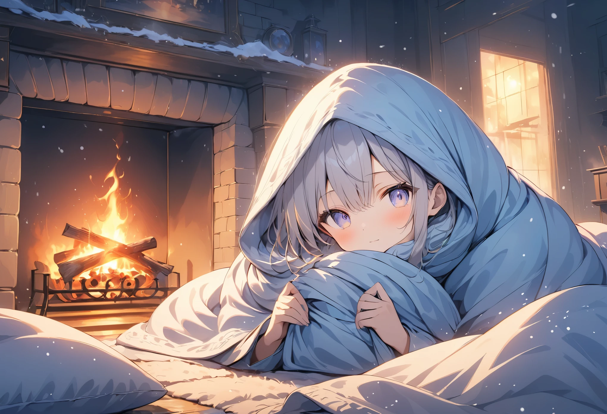 (anime style:1.4),Soft pictorial touches、超High resolution, Attention to detail, high quality, High resolution, 最high quality, 4K, 8K,((オレンジ色の玉ボケ))、In front of the fireplace、A girl keeps warm wrapped in a blanket during a snowstorm outside、The surrounding area is lit up in orange by the light of the flames.、Lens flare、This is a masterpiece by a famous artist.