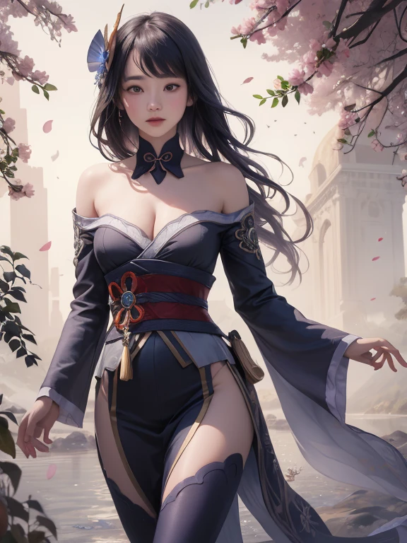(((丰满Soft乳房,)))(((Huge breasts))) (((Cleavage))) (Perfect curvy figure),Thunder General,1 Girl, Solitary, Full Body Love, (masterpiece:1.21), (best quality:1.2), rich and colorful, (illustration:1.2), (light:1.1), (Bare shoulders:1.21), (clavicle:1.21) In this wonderful and dreamy garden，Rainbow scene（colorful fireflies）illuminate，Dancing in the air。Soft（drizzle）Decorative garden，Create a hazy and ethereal atmosphere。In the center of the screen，There stood a teenage girl，Very delicate girl，Lovely facial features，The expression is very innocent。Her long hair flutters in the wind。She was wearing a very low-cut off-the-shoulder dress，Highlighting her exquisite curves。light很精致很漂亮，Creates a Soft and warm glow，Highlight the surface of the water，Make it shine like a diamond。The finest grass is also illuminated，Create a luxurious carpet。The garden is surrounded by colorful flower fields，Flowers of all colors and shapes bloom。Available in various colors and sizes（rich and colorful butterflies）Fly over the scene，It adds to the overall sense of wonder and magic。 （Gentlemen），Redness visible on the bridge of the nose，Mouth slightly open，This also adds to the overall feeling of innocence and youthfulness。Falling petals dance around her，It adds to the overall romance and beauty。breeze，Rustling leaves，flowers swaying，Adds overall vitality and vigor。This is a scene full of miracles and magic.，Colorful，Audiences can immerse themselves in this fascinating and captivating world。