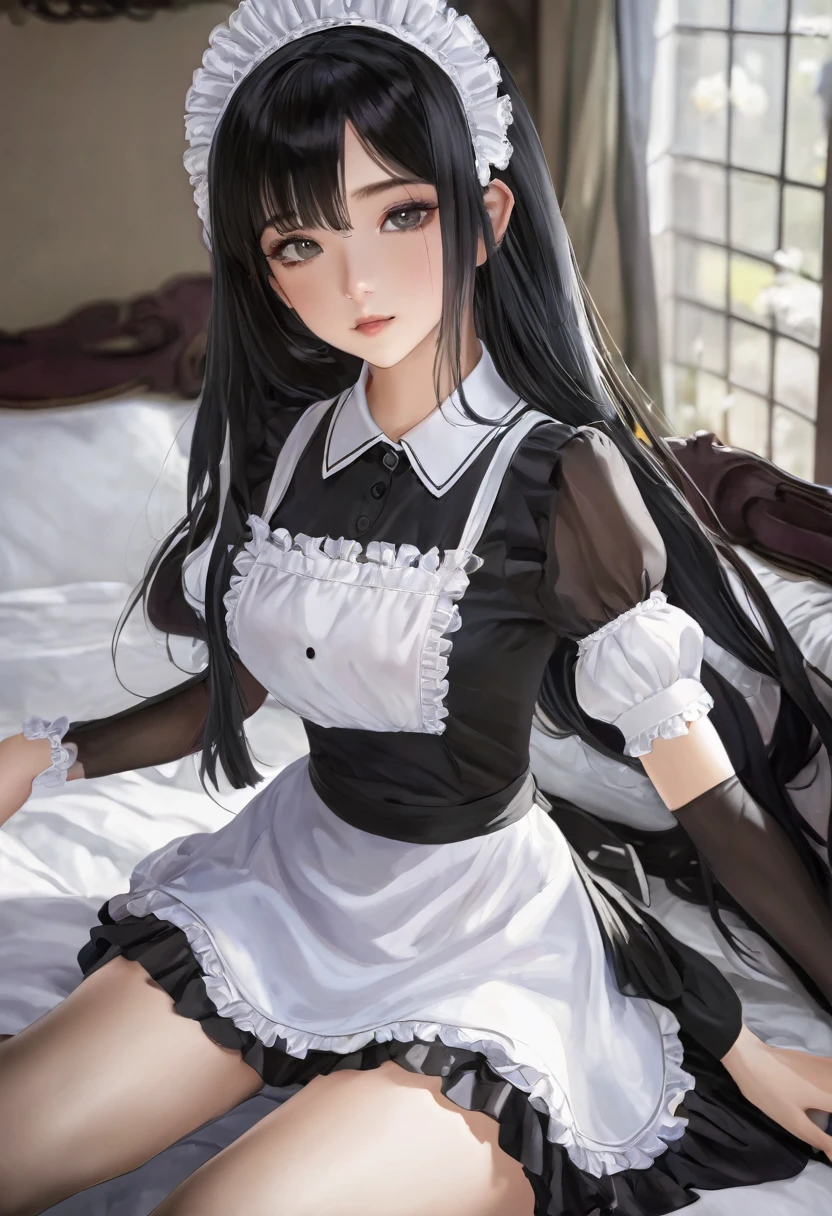 a girl in maid costume, seated showing her underwear, long stockings or pantyhose, ((upskirt)), camel toe, sexy underwear, medium breasts, spread legs, (very detailed), ((perfectly detailed face)), (detailed face), (detailed hand), (detailed hand), photorealistic image.