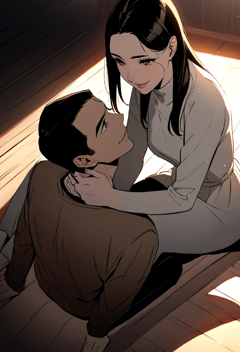 Anime illustration of a man with black hair and a woman with long brown hair looking at each other and smiling playfully. Their faces are very close to each other, with their lips almost touching. They are sitting on the floor. Intimate atmosphere, best quality, high detail, masterpiece