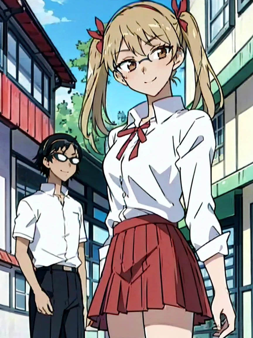 1 boy and 1 girl stand in the street,twintails,sawachika eri, brown eyes, hair ribbon,harimakenji, glasses, ,school uniform, red pleated skirt,eri,hairband, looking_at_viewer, serious, gakuran, white_shirt,smile,happy,two persons