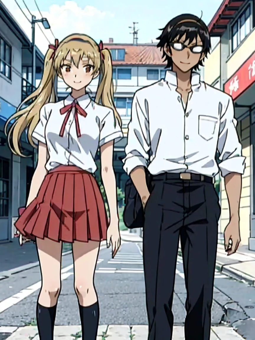 1 boy and 1 girl stand in the street,twintails,sawachika eri, brown eyes, hair ribbon,harimakenji, glasses, ,school uniform, red pleated skirt,eri,hairband, looking_at_viewer, serious, gakuran, white_shirt,smile,happy,two persons