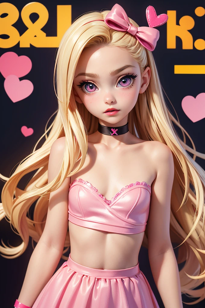 hyperrealistic american teen, blondittle, perfect tiny body, sexy, dark makeup, small choker, perfect slim face, big red lips, very cute face, tiny body, big eyes, young looking, childish looking, perfect belly, pink dress, gift tape wrap