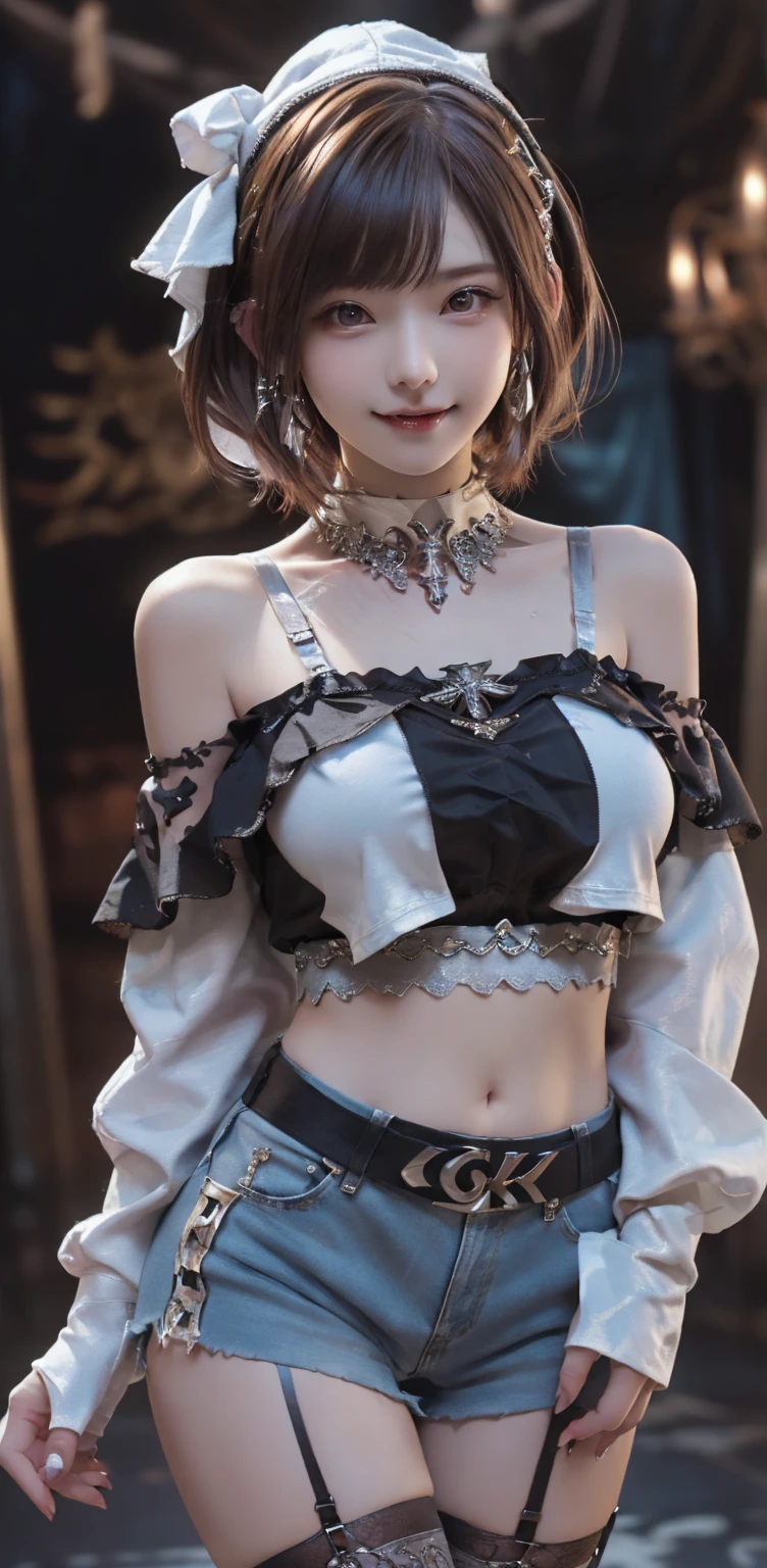 (Full body image:1.3)、(Beautiful lips and nose:1.4)、(Side view:1.1)、(Smiling with teeth showing:1.3),(Fashion Model:1.5)、(Shabby Gothic Lolita outfit with intricate embellishments:1.5)、(White off-shoulder hoodie:1.5)、(black, Silver and white shorts:1.4)、(denim garter belt:1.5)、(black and denim knee socks:1.3)、(Skull Silver Accessories:1.5)、(Lace Color:1.3)、(Brown Skin Belt:1.4)、(Brown boots:1.2)、(Polka dots on underwear:1.4)、23 years old、((Highest quality、In 8K、masterpiece:1.3))、Sharp focus:1.2、(Layered Cut、Huge boobs:1.4),Beautiful girl with a perfect figure:1.4、(Dance vigorously:1.3)、Slim Abs:1.2、Highly detailed face and skin texture、fine grain、double eyelid,(Bob Cut Hair:1.3)、(Brown Hair:1.3)、idol carving、(The background is a gorgeous dance hall.:1.3)、(the body is slim:1.2),(Slimming your legs:1.4),(clavicle:1.1)