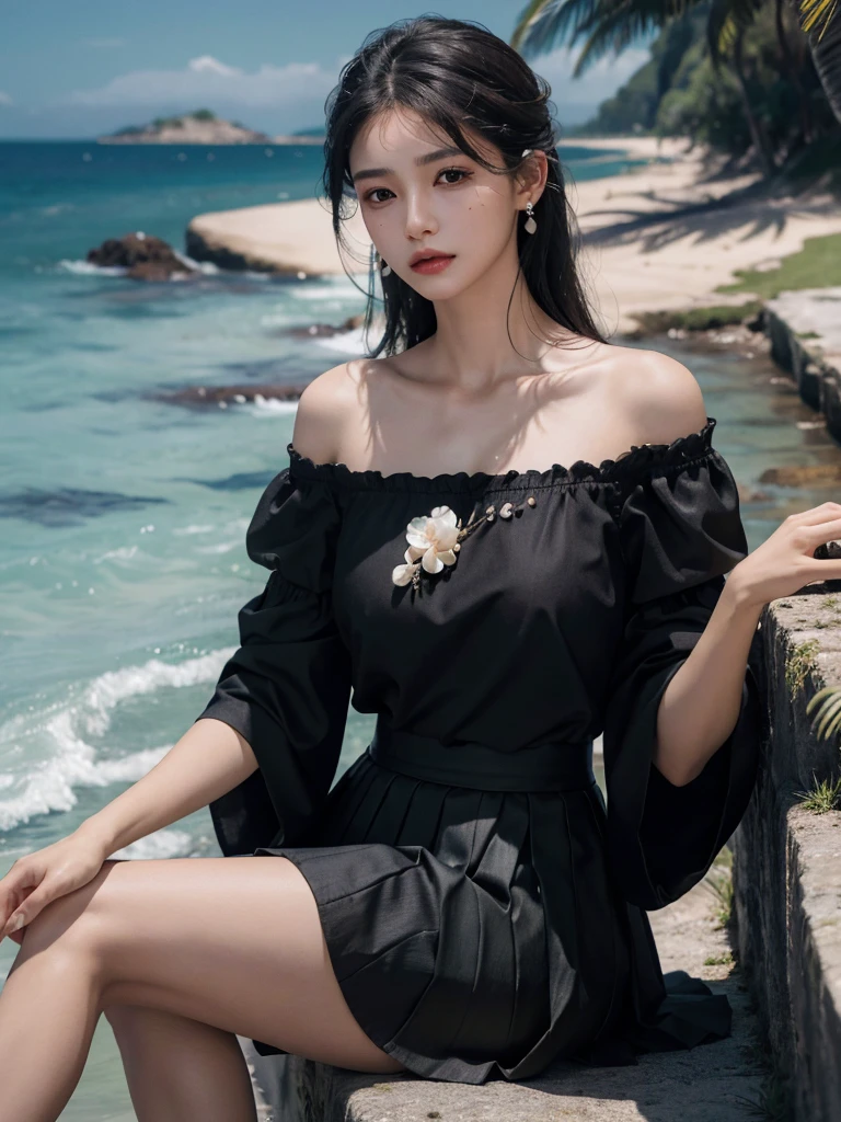 absurdres, RAW photo, extremely delicate and beautiful, masterpiece, Best Quality, ultra high resolution, 32k, hyperrealistic, ultra-detailed, delicate facial features, beautiful detailed woman, tearful mole, earring, medium breasts, full body shot, medium hair, black hair, Legendary Pirate, blouse, short skirt, off shoulder, Eroded Coastline,