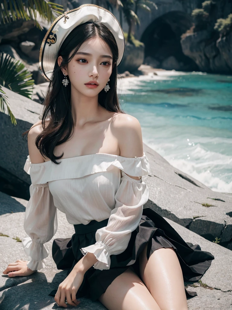 absurdres, RAW photo, extremely delicate and beautiful, masterpiece, Best Quality, ultra high resolution, 32k, hyperrealistic, ultra-detailed, delicate facial features, beautiful detailed woman, tearful mole, earring, medium breasts, full body shot, medium hair, black hair, Legendary Pirate, blouse, short skirt, off shoulder, Eroded Coastline,