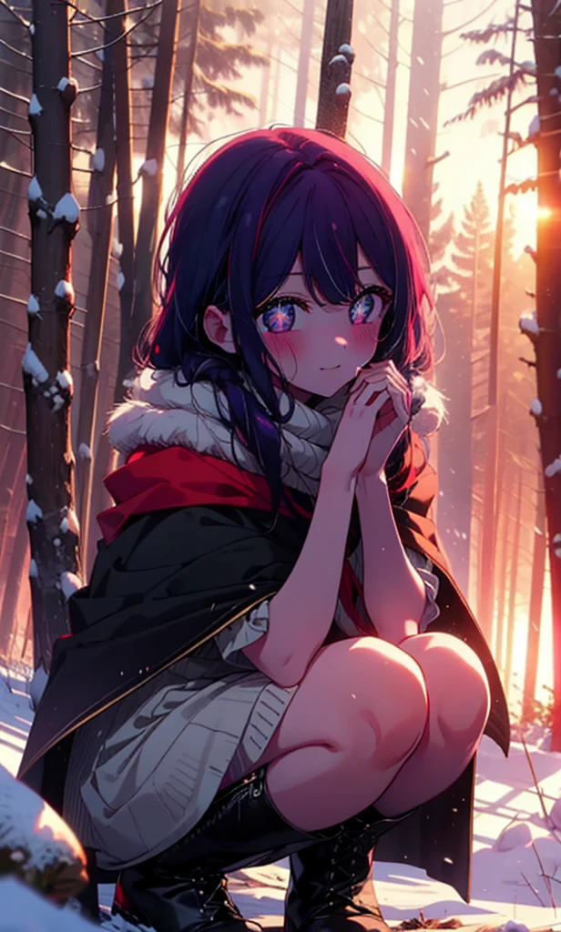 aihoshino, Ai Hoshino, Long Hair, bangs, (Purple eyes:1.1), Purple Hair, (Symbol-shaped pupil:1.5), smile,,smile,blush,White Breath,
Open your mouth,snow,Ground bonfire, Outdoor, boots, snowing, From the side, wood, suitcase, Cape, Blurred, , forest, White handbag, nature, Squat, Mouth closed, Cape, winter, Written boundary depth, Black shoes, red Cape break looking at viewer, Upper Body, whole body, break Outdoor, forest, nature, break (masterpiece:1.2), Highest quality, High resolution, unity 8k wallpaper, (shape:0.8), (Beautiful and beautiful eyes:1.6), Highly detailed face, Perfect lighting, Highly detailed CG, (Perfect hands, Perfect Anatomy),