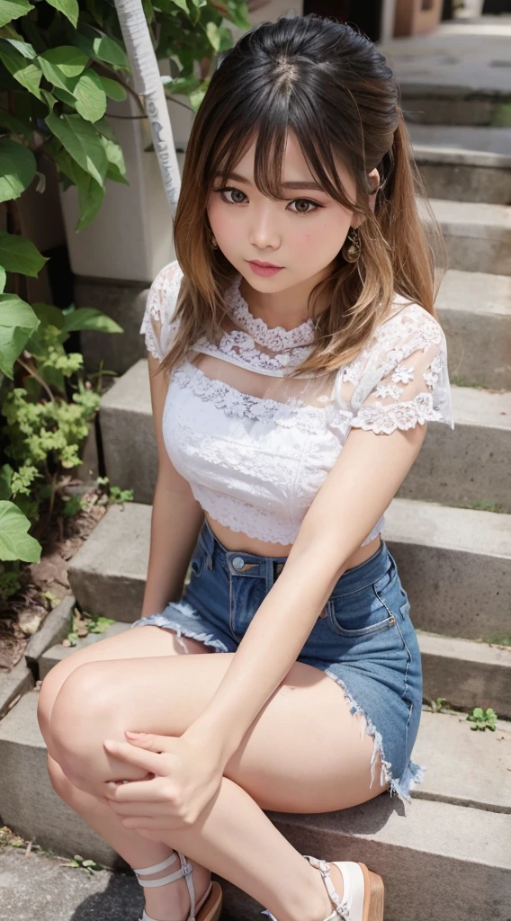 Portrait in girlish casual style for spring and summer。The model has fluffy curled bangs and light brown long hair, She wears a white lace top、Denim miniskirt、Wearing pink sandals。Accessories include floral hair clips and beaded bracelets。