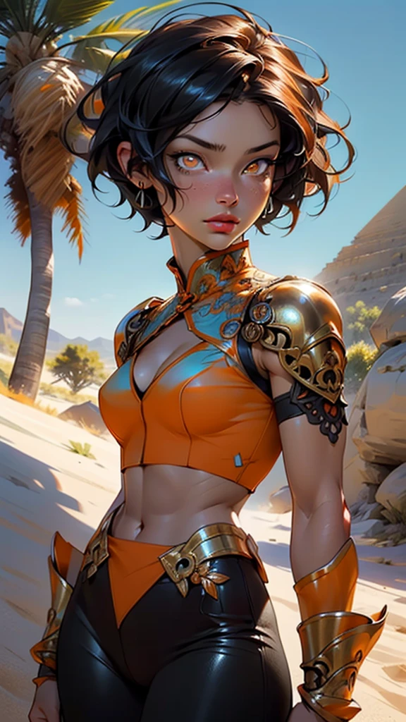 (Woman:1.5),1 woman,female, muscle, 1 girl muscle, pectoral, muscular shirtless, Mature woman,25 year,1 woman,an extremely detailed face,((black hair,short cut hair,very short hair,black hair)),((())), (((orange_eyes:1.3))),intricate eyes,beautiful detailed eyes,symmetrical eyes,perfect face,((detailed face)),,
(Female arabic archer),arabic soldier,,
(((lustrous skin:1.5,tanned skin,bright skin: 1.5,skin tanned,shiny skin,very shiny skin,shiny body))),heroic,nsfw,
((arabic armor))),arm tattoo,,drawing bow,arabic pants,(()),(((intricate outfit,intricate clothes))),
dynamic pose,looking at viewer,centered,scale to fit dimensions,Rule of thirds,
outdoors,(dune desert,dune desert background,pyramids in the background),scenery,extremely scenery,clouds,Egypt style,(sunset, golden hour),
(Glossy Egyptian ornaments),highres,sharp focus,(ultra detailed,extremely detailed),(photorealistic artwork:1.37),(extremely detailed CG unity 8k wallpaper),(((vibrant colors,vibrant theme))),(intricate),(masterpiece),(best quality),artistic photography,(photography taken by sldr),(intricate background),perfect rendered face,perfect face details,realistic face,photo realistic,((intricate detail)),(((realism))),