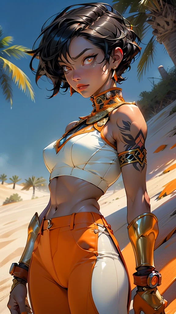 (Woman:1.5),1 woman,female, muscle, 1 girl muscle, pectoral,  muscular shirtless, Mature woman,25 year,1 woman,an extremely detailed face,((black hair,short cut hair,very short hair,black hair)),((())), (((orange_eyes:1.3))),intricate eyes,beautiful detailed eyes,symmetrical eyes,perfect face,((detailed face)),,

(Female arabic archer),arabic soldier,,

(((lustrous skin:1.5,tanned skin,bright skin: 1.5,skin tanned,shiny skin,very shiny skin,shiny body))),heroic,nsfw,

((arabic armor))),arm tattoo,,drawing bow,arabic pants,(()),(((intricate outfit,intricate clothes))),

dynamic pose,looking at viewer,centered,scale to fit dimensions,Rule of thirds,

outdoors,(dune desert,dune desert background,pyramids in the background),scenery,extremely scenery,clouds,Egypt style,(sunset, golden hour),

(Glossy Egyptian ornaments),highres,sharp focus,(ultra detailed,extremely detailed),(photorealistic artwork:1.37),(extremely detailed CG unity 8k wallpaper),(((vibrant colors,vibrant theme))),(intricate),(masterpiece),(best quality),artistic photography,(photography taken by sldr),(intricate background),perfect rendered face,perfect face details,realistic face,photo realistic,((intricate detail)),(((realism))),

