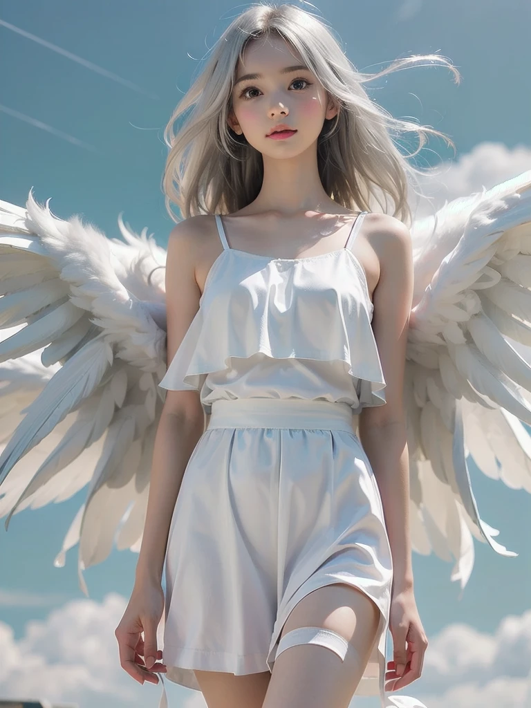 8K, raw photo, realistic, (detailed skin, best quality:1.2), (Angel Wings), ((white camisole dress)), (((:1.1))), (silver long hair:1.3, Short bangs), teenage girl flying high in the sky, (baby face:1.1, Neat face, whiter skin), thighs, Translucent white fabric covers the body.., blue sky, full body shot, (low angle shot:1.2)