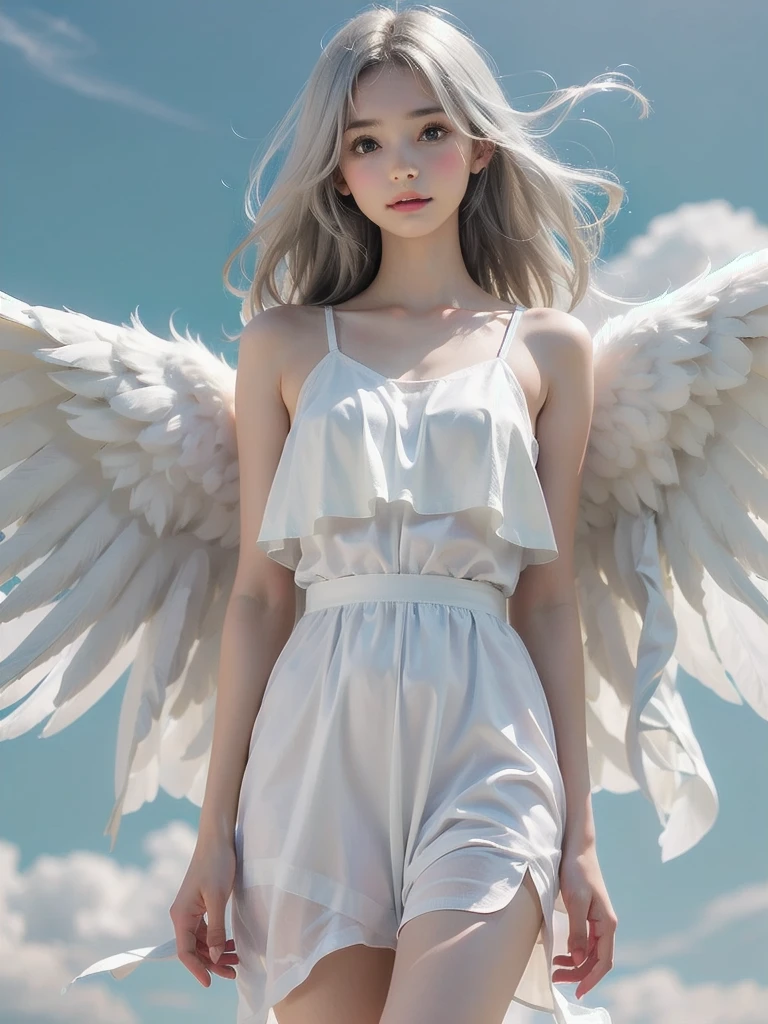 8K, raw photo, realistic, (detailed skin, best quality:1.2), (Angel Wings), ((white camisole dress)), (((:1.1))), (silver long hair:1.3, Short bangs), teenage girl flying high in the sky, (baby face:1.1, Neat face, whiter skin), thighs, Translucent white fabric covers the body.., blue sky, full body shot, (low angle shot:1.2)