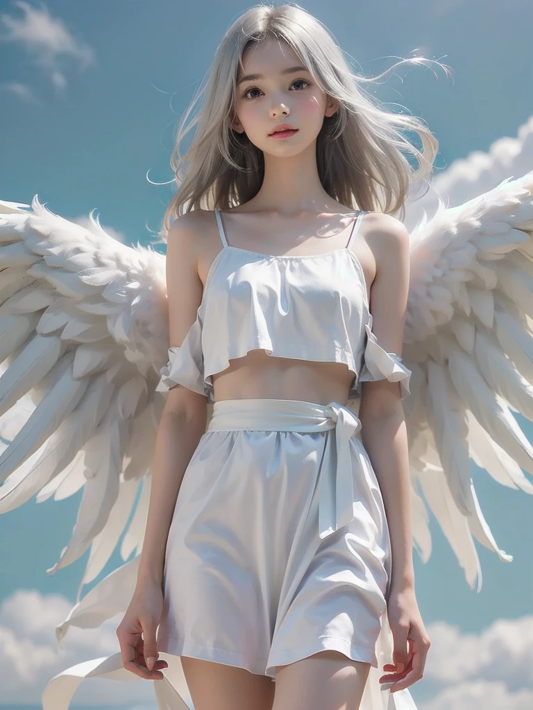 8K, raw photo, realistic, (detailed skin, best quality:1.2), (Angel Wings), ((white camisole dress)), (((:1.1))), (silver long hair:1.3, Short bangs), teenage girl flying high in the sky, (baby face:1.1, Neat face, whiter skin), thighs, Translucent white fabric covers the body.., blue sky, full body shot, (low angle shot:1.2)