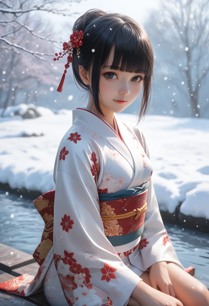 score_9, score_8_up, score_7_up, 1girl, solo, looking at viewer, short hair, blunt bangs, black eyes, beautiful detailed eyes,black hair, long sleeves, sitting, closed mouth, small breasts, outdoors, japanese clothes, wide sleeves, kimono, water, sash, obi, floral print, snow, snowing, white kimono, print kimono, break,(clear line illustration:1.2), super detailed skin,very high resolution, very aesthetic, Best sexual lighting powered by famous artist, 8k,cute picture,beauty illustration,photoshop_(medium),,(Detailed Lighting),uncensored,