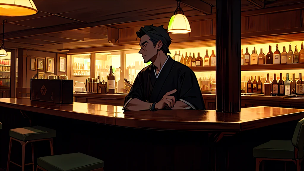 Bar at night, man talking with master at counter, high quality, high detail, 4k.8k