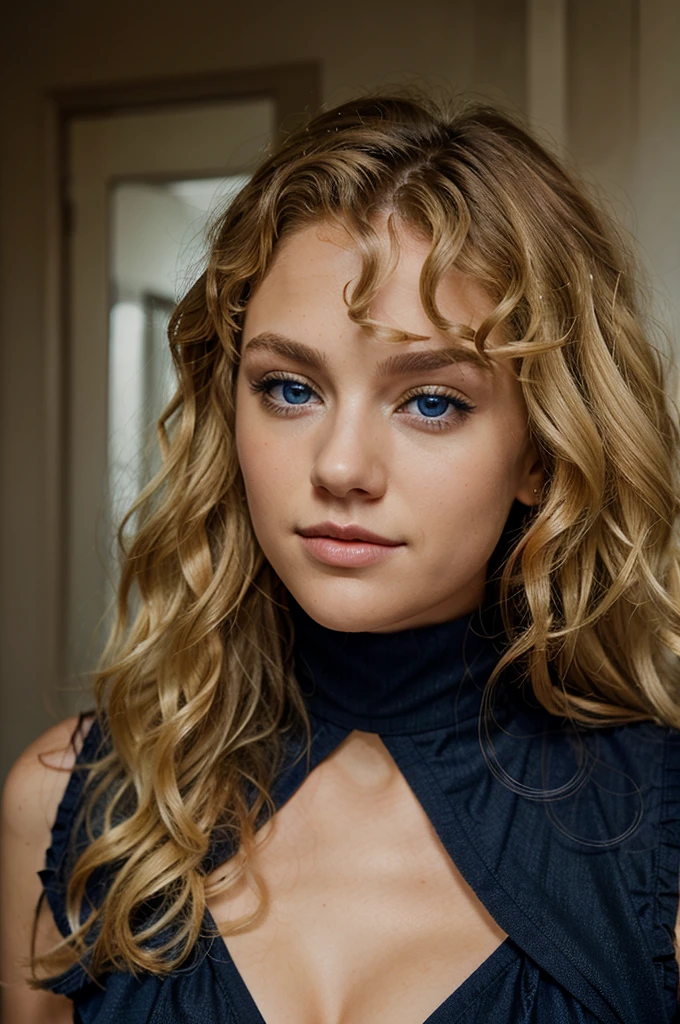 a blonde with curly hair, dark blue eyes