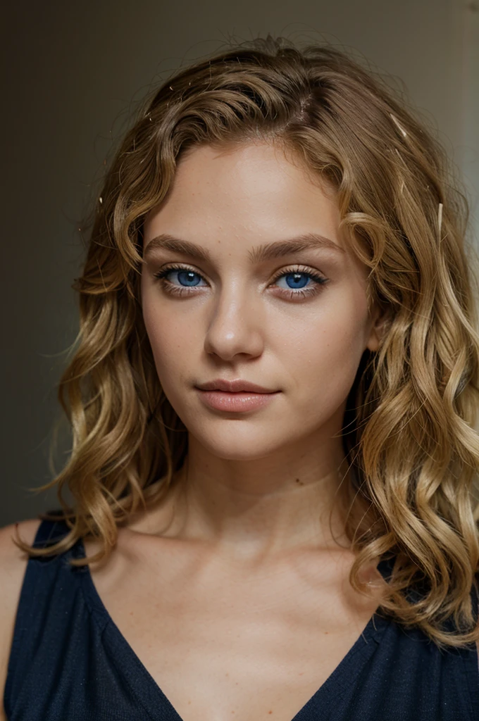 a blonde with curly hair, dark blue eyes