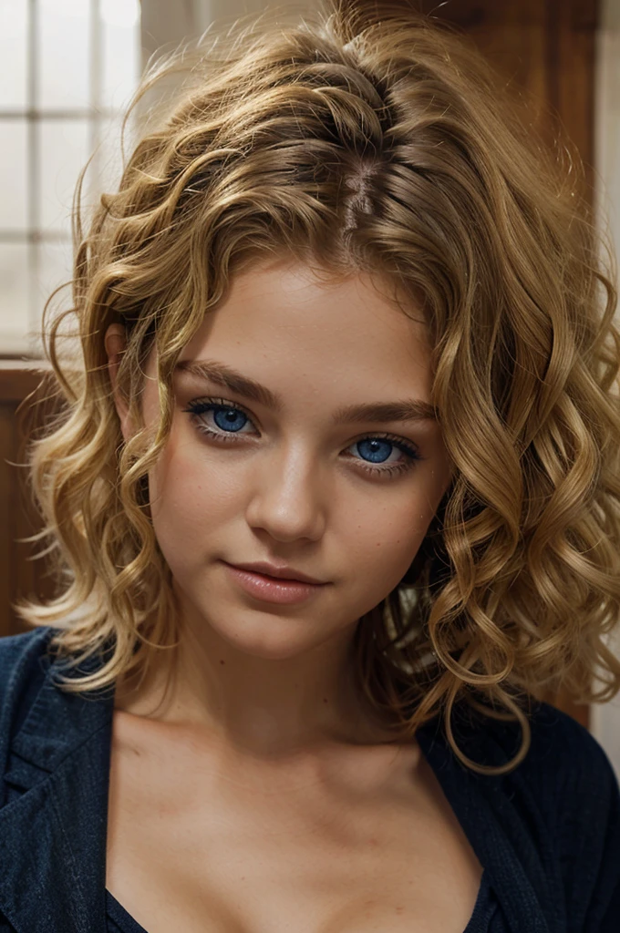 a blonde with curly hair, dark blue eyes
