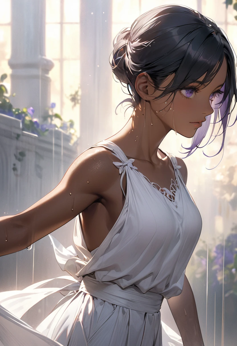 Straight black hair, (((Dark Skin))), ((Latin)), Purple Iris, Delicate eyes, Delicate face, White cloth that shows the lines of the body,Light,Realistic concept art with strong backLighting、(((Sweating with aphrodisiac、Put one arm behind your back'return、The aphrodisiac circulates throughout the body、I'm holding back my joy、On the brink of climax)))、White mesh top、Torn mesh、Mesh bottom、Subtly erotic、See-through with sweat、capture(((captured ninja、Bound Ninja、Full body bondage、ロープによるConstraints、Constraints、Kneel、Hands tied behind back、Gagged with cloth、Iron Collar)))