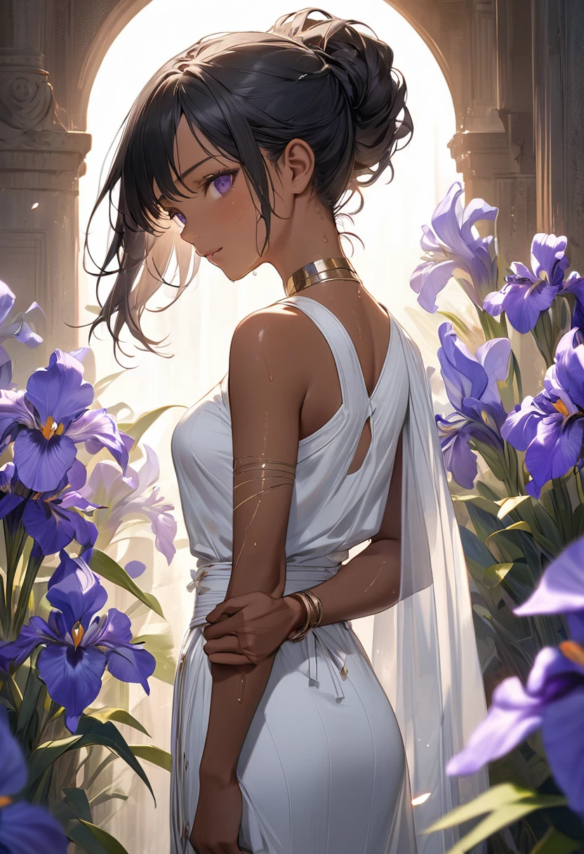 Straight black hair, (((Dark Skin))), ((Latin)), Purple Iris, Delicate eyes, Delicate face, White cloth that shows the lines of the body,Light,Realistic concept art with strong backLighting、(((Sweating with aphrodisiac、Put one arm behind your back'return、The aphrodisiac circulates throughout the body、I'm holding back my joy、On the brink of climax)))、White mesh top、Torn mesh、Mesh bottom、Subtly erotic、See-through with sweat、capture(((captured ninja、Bound Ninja、Full body bondage、ロープによるConstraints、Constraints、Kneel、Hands tied behind back、Gagged with cloth、Iron Collar)))