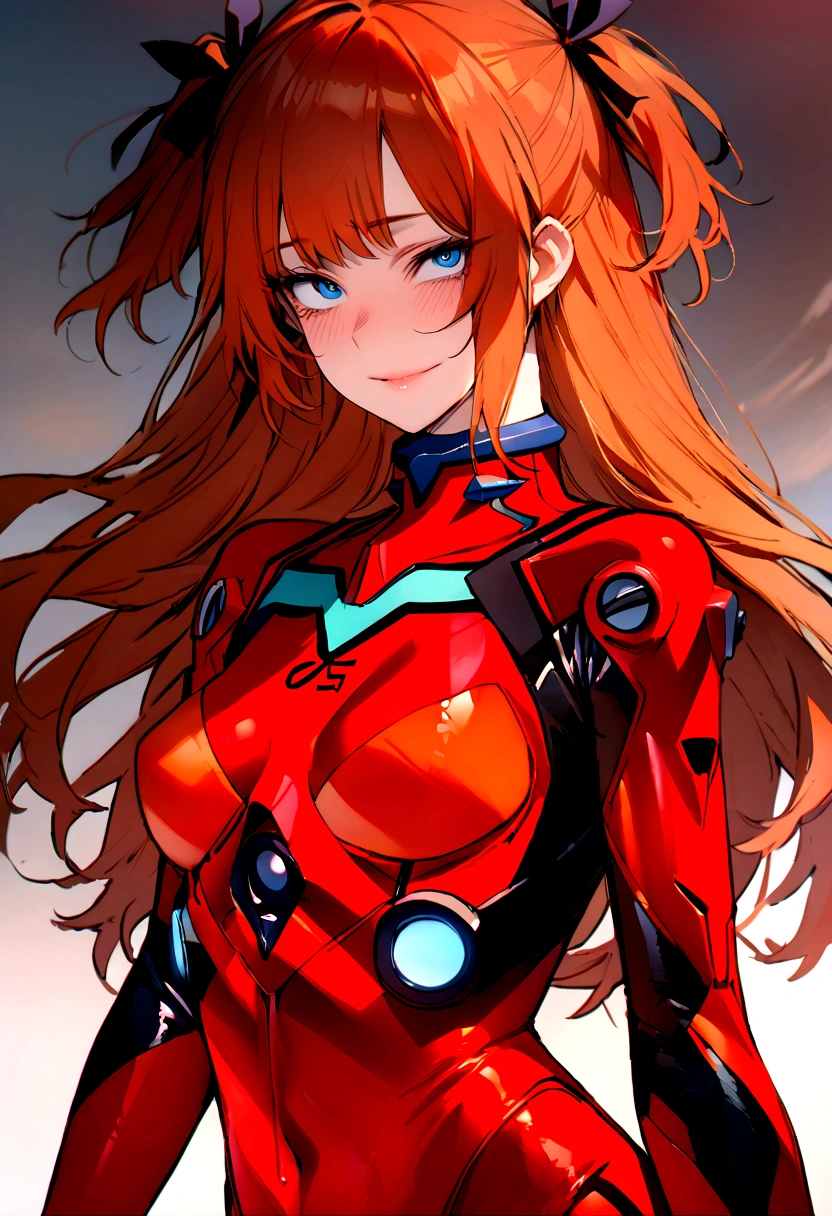 (masterpiece), best quality, expressive eyes, perfect face, 1girl, solo, blue eyes, dark orange Hair, Loose hair, hair ribbon, long hair, black ribbon, sidelocks, bangs two side up, smile, red plugsuit, slim figure, looking at viewer,