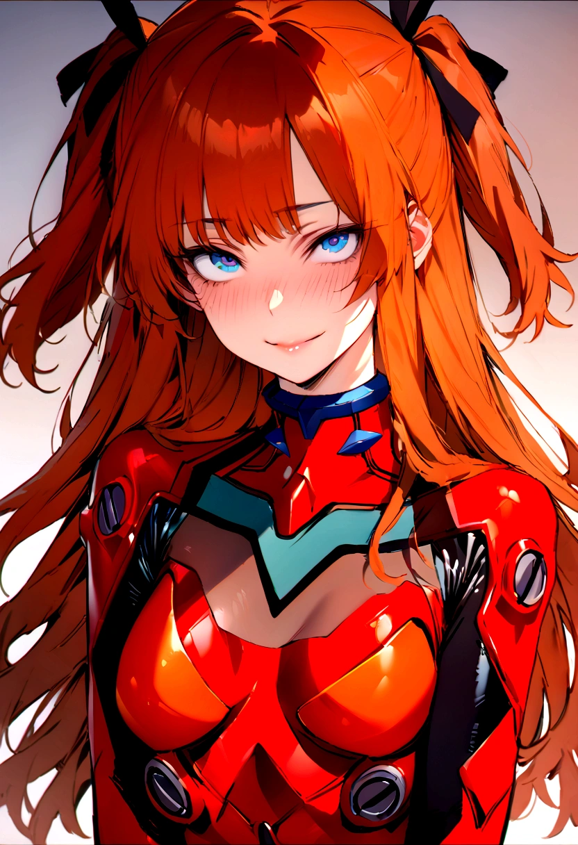 (masterpiece), best quality, expressive eyes, perfect face, 1girl, solo, blue eyes, dark orange Hair, Loose hair, hair ribbon, long hair, black ribbon, sidelocks, bangs two side up, smile, red plugsuit, slim figure, looking at viewer,
